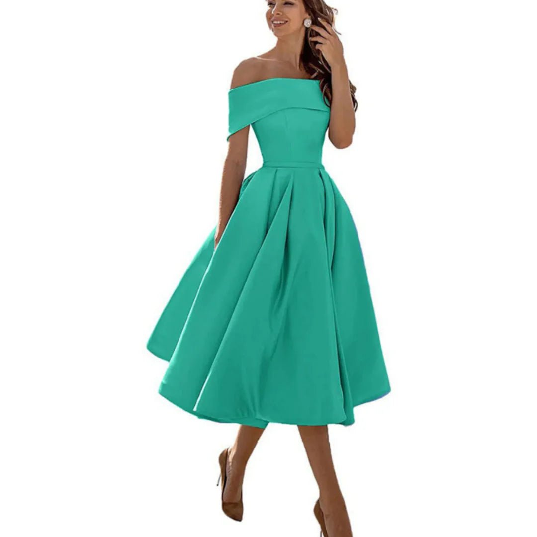 Women's Satin Off-Shoulder Midi Party Dress - Teal