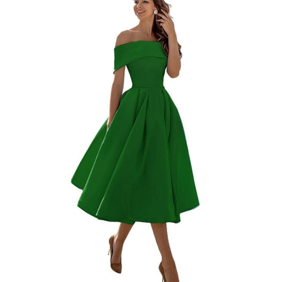 Women's Satin Off-Shoulder Midi Party Dress - Green