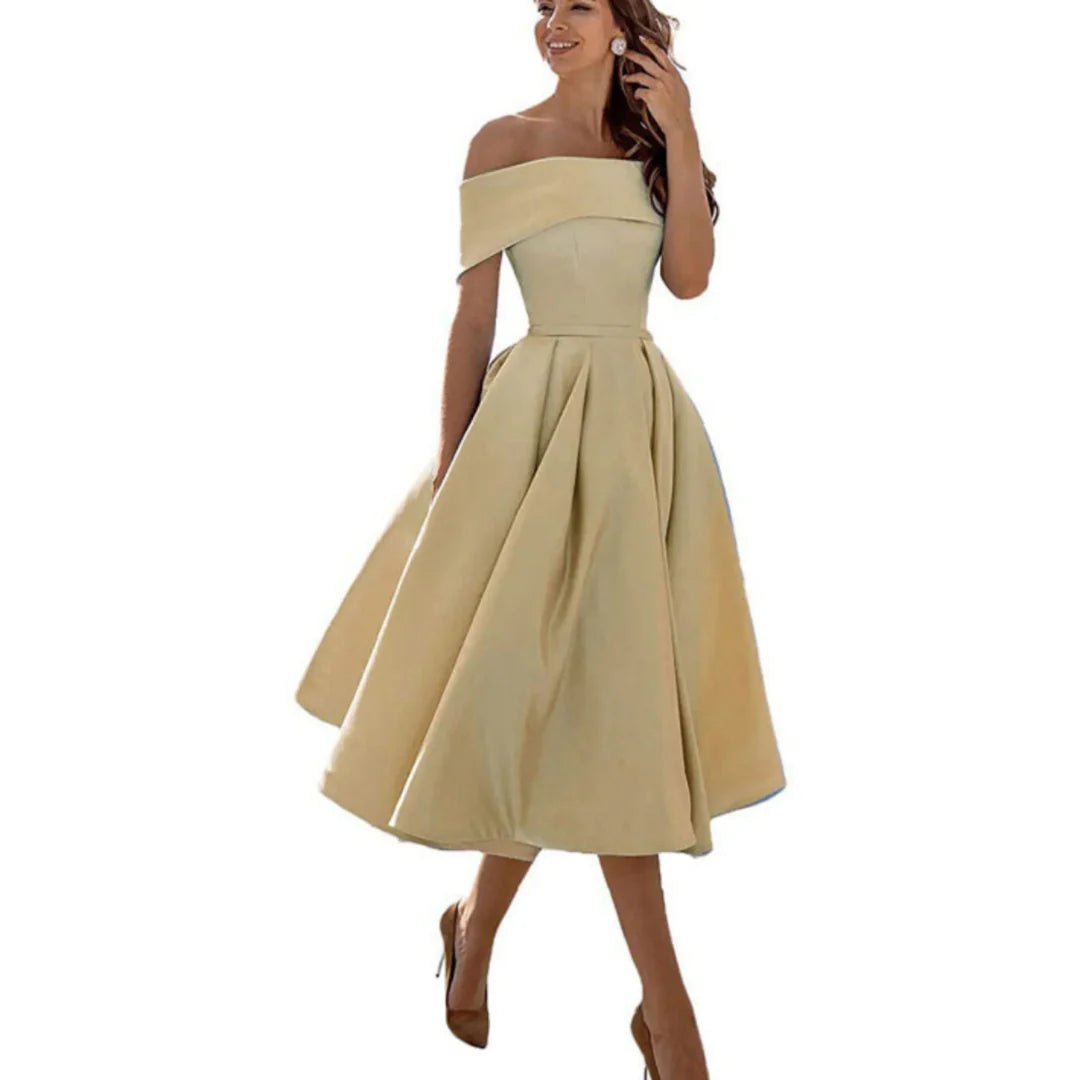 Women's Satin Off-Shoulder Midi Party Dress - Beige