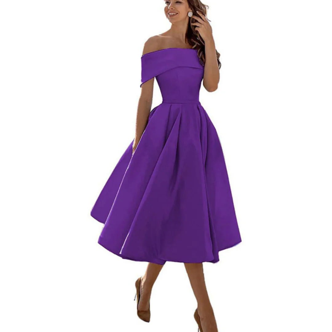 Women's Satin Off-Shoulder Midi Party Dress - Purple