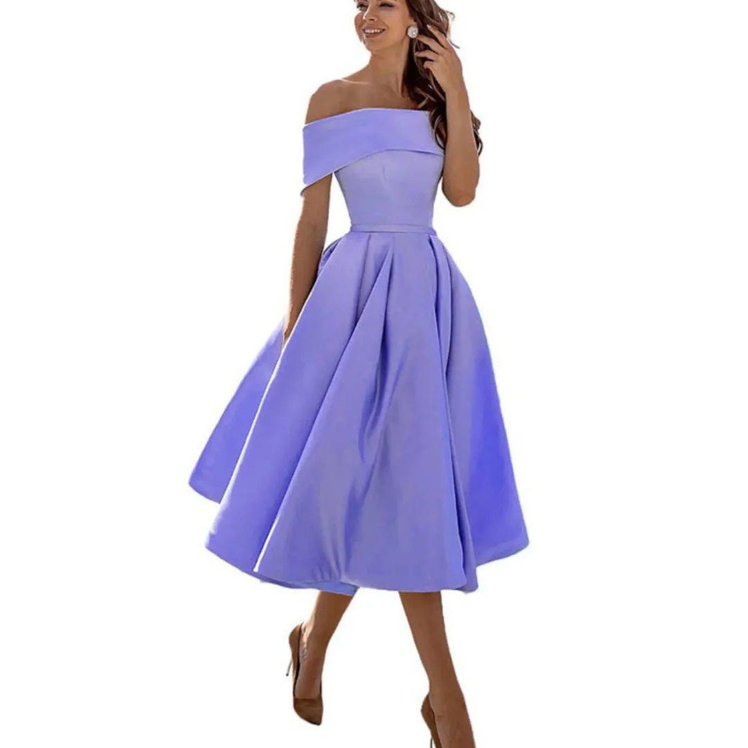 Women's Satin Off-Shoulder Midi Party Dress - Lila