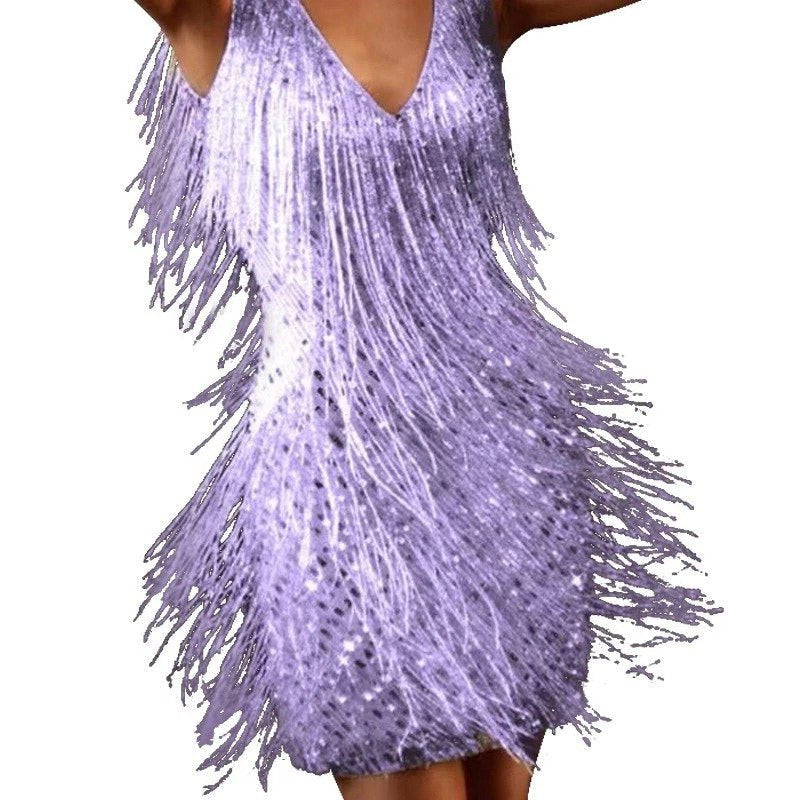 Women's Fringe Cocktail Sequin Mini Party Dress - Purple