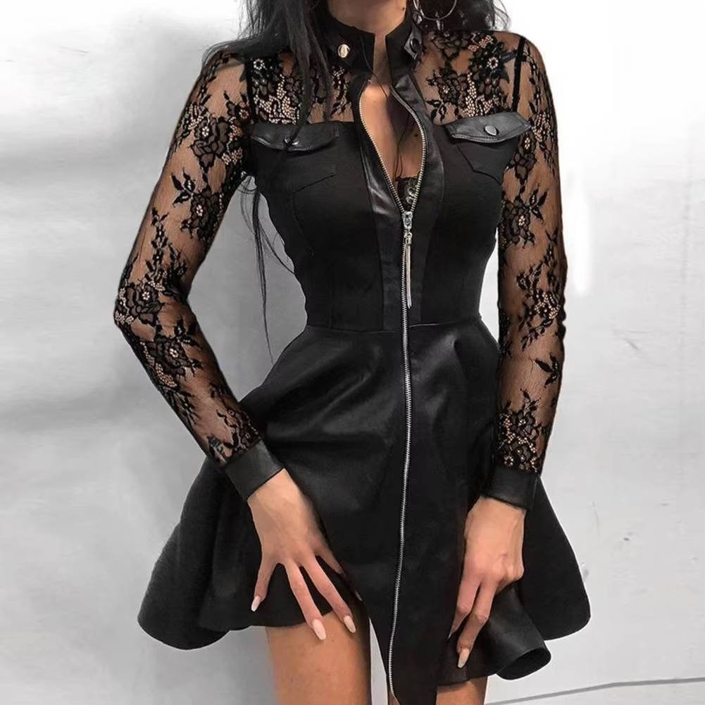 Women's Black Floral Lace Long Sleeve Bodycon Party Dress