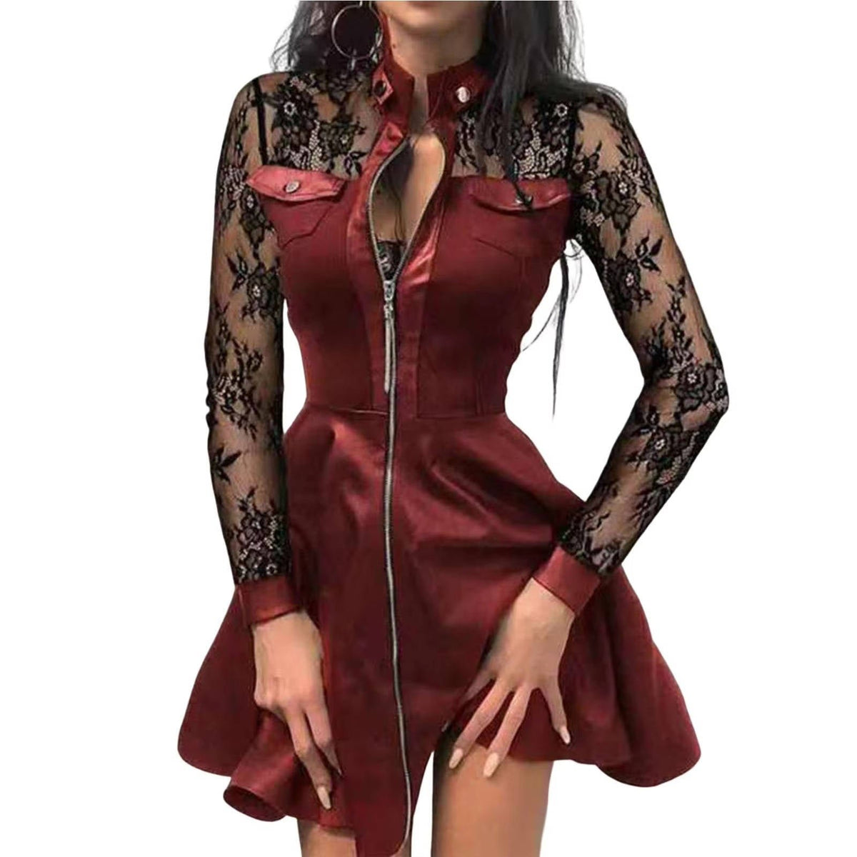 Women's Black Floral Lace Long Sleeve Bodycon Party Dress - Red