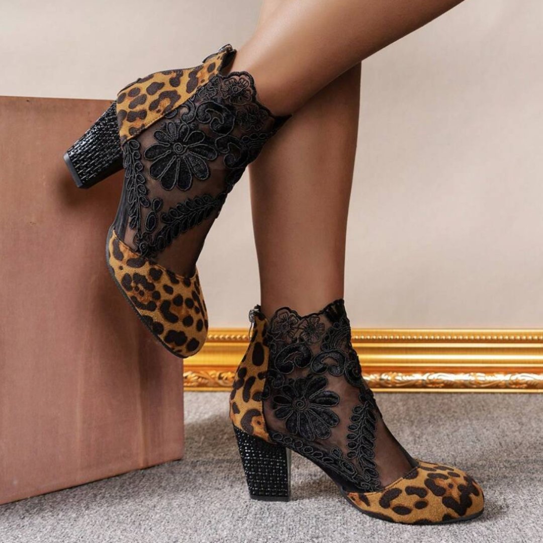 Women's Floral Party Ankle Boots - Brown