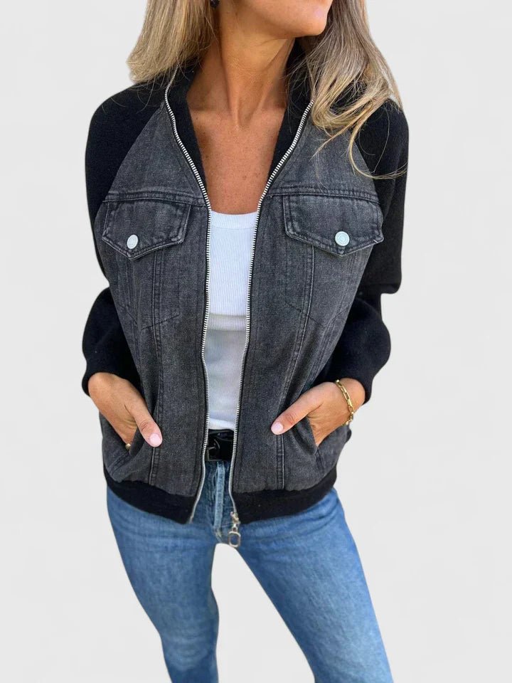 Women's Cropped Denim Bomber Jacket - Black