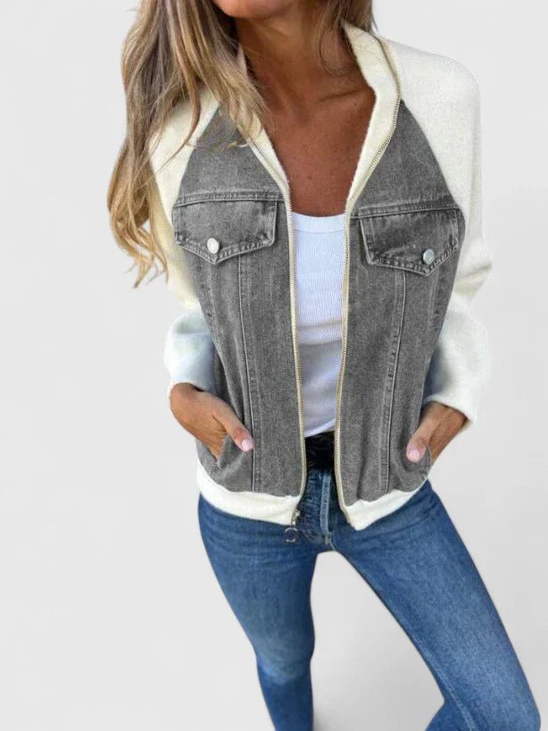 Women's Cropped Denim Bomber Jacket - Grey