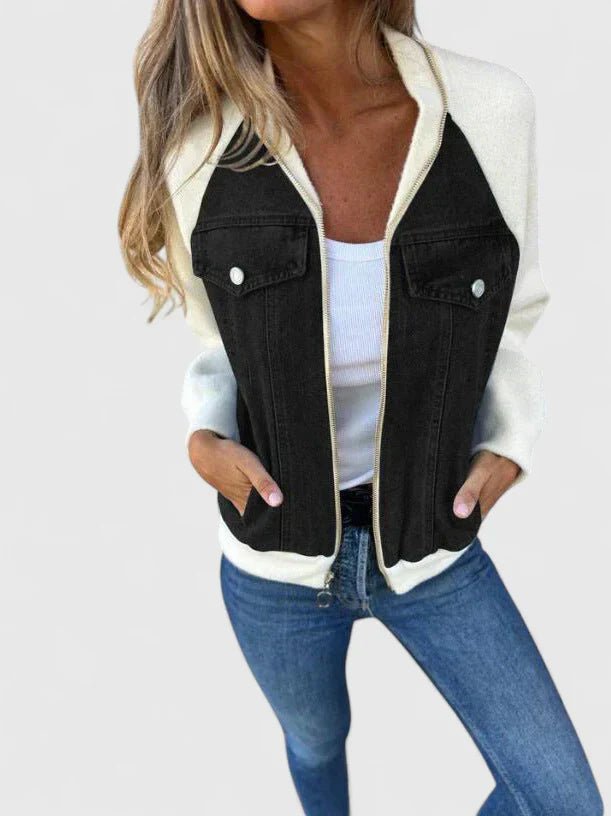 Women's Cropped Denim Bomber Jacket - White Black