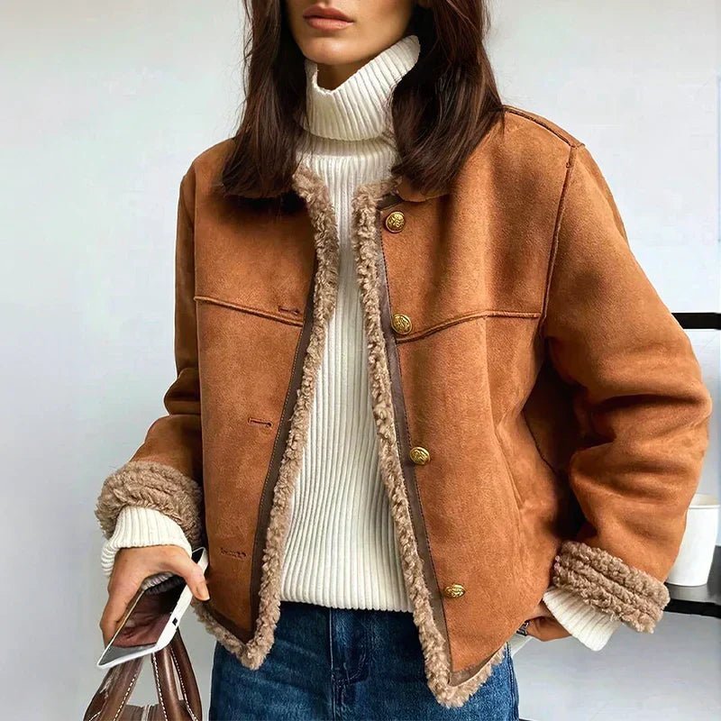 Women's Cropped Suede Teddy Jacket - Brown