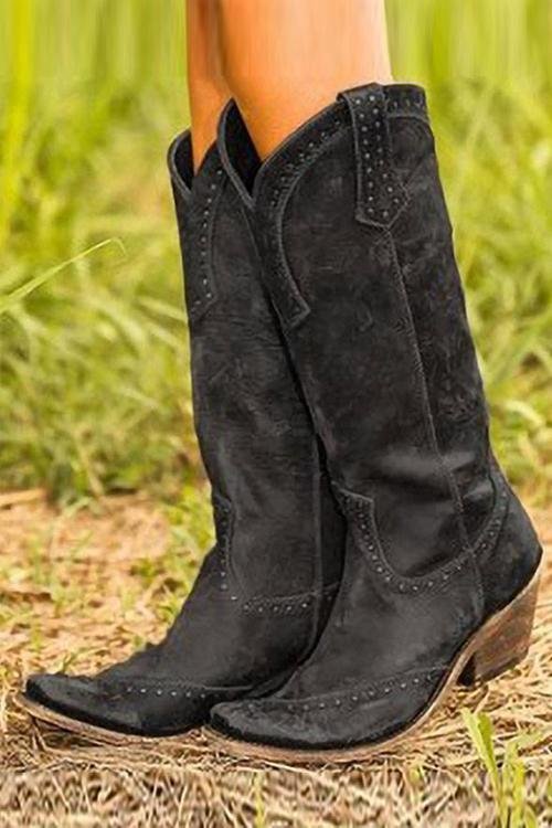 Women's Leather Western Cowboy Knee-High Boots - Black