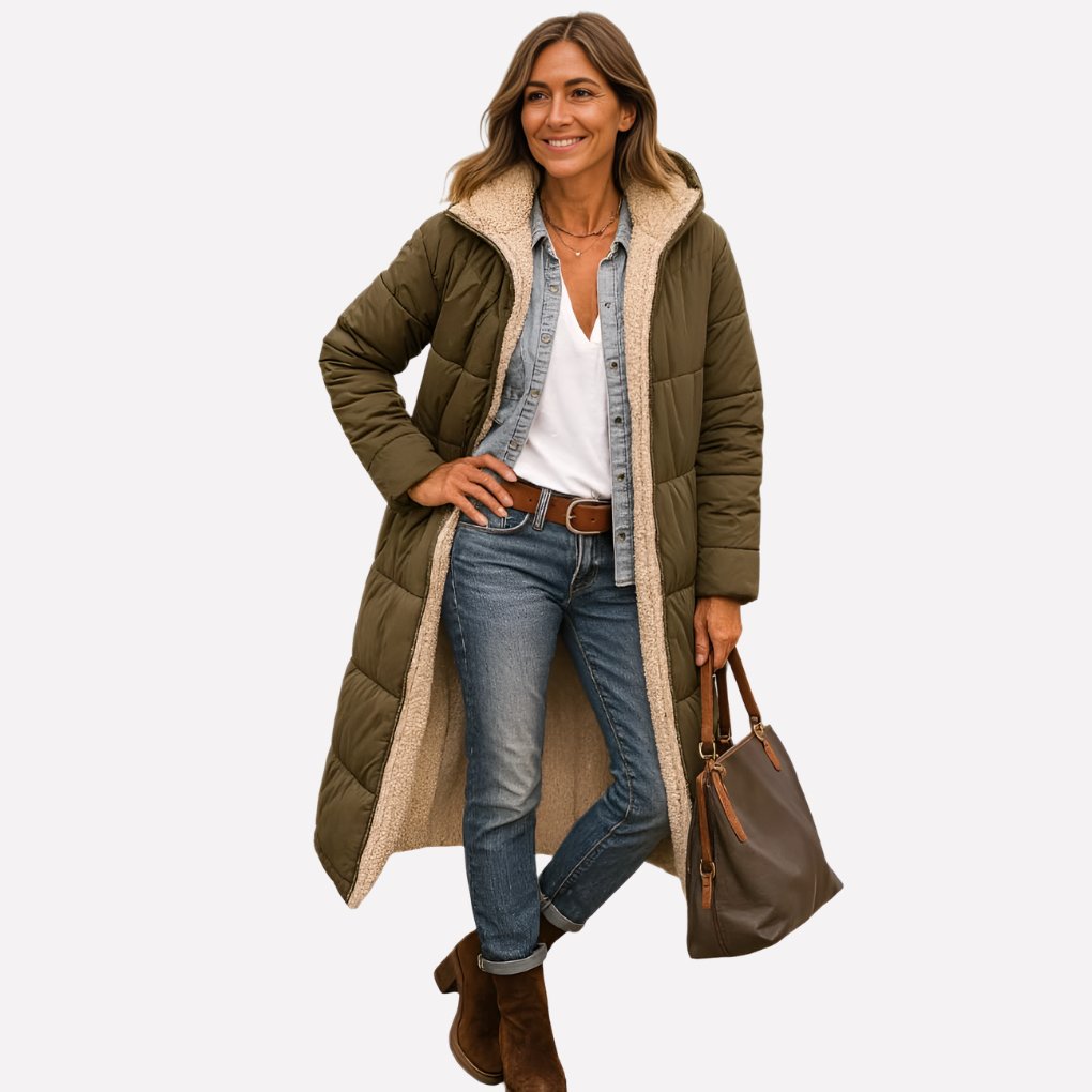 Women's Sherpa-Lined Longline Teddy Puffer Coat - Army Green