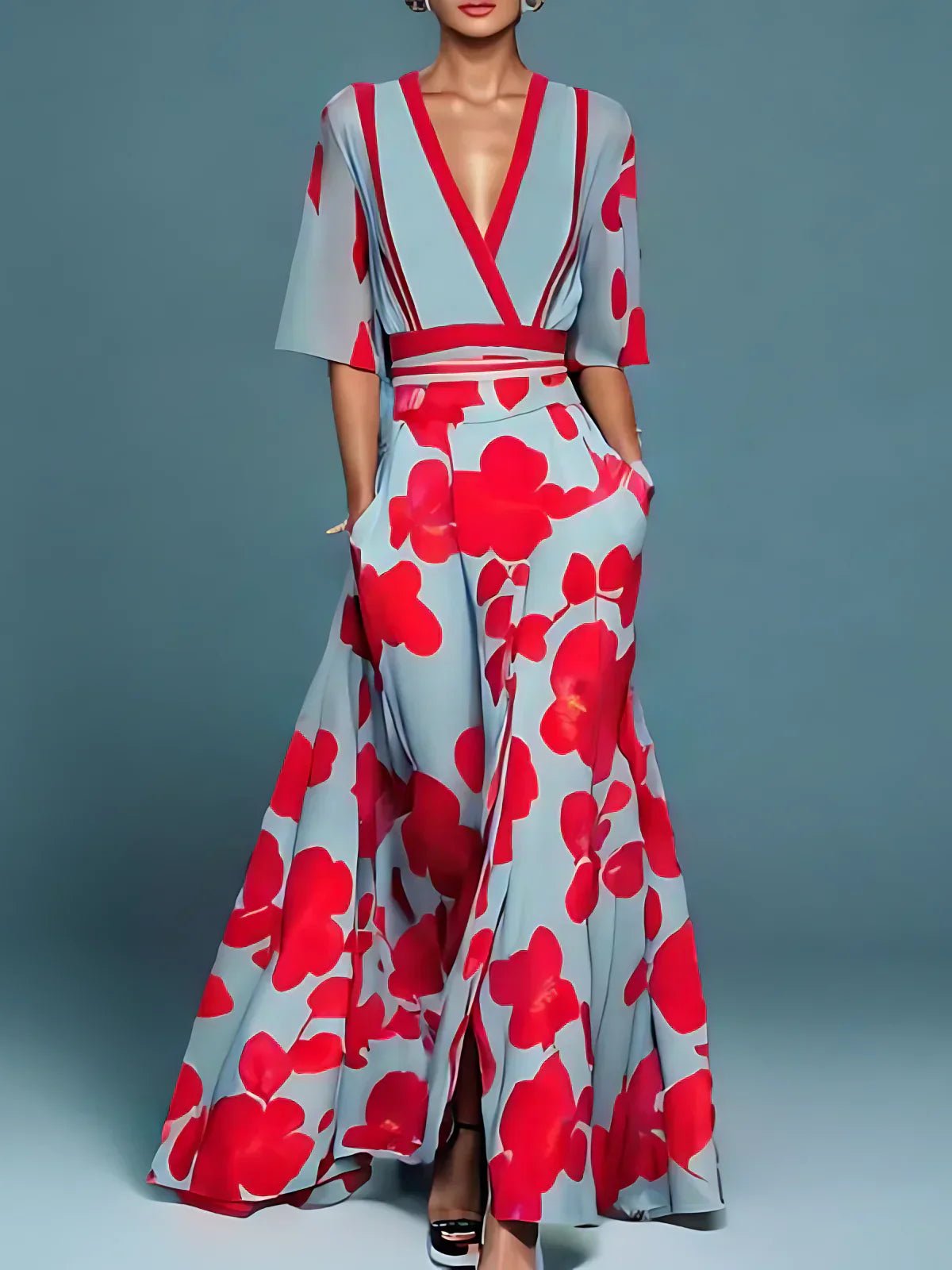Women's Floral Satin Maxi Party Wrap Dress - Red
