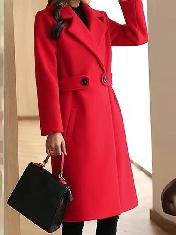 Women's Midi Longline Wool Coat - Red