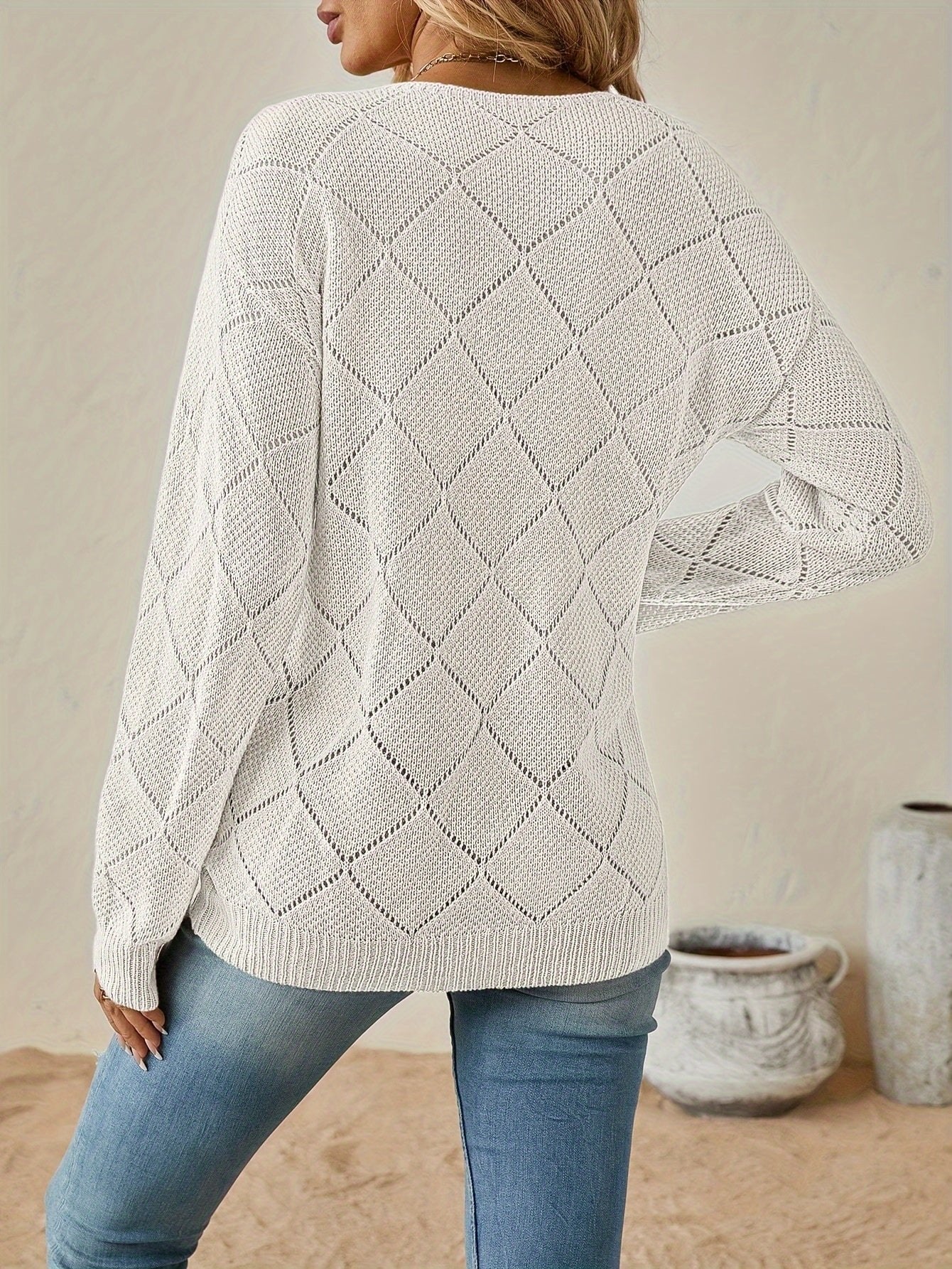 Women's Diamond Crochet V-Neck Jumper