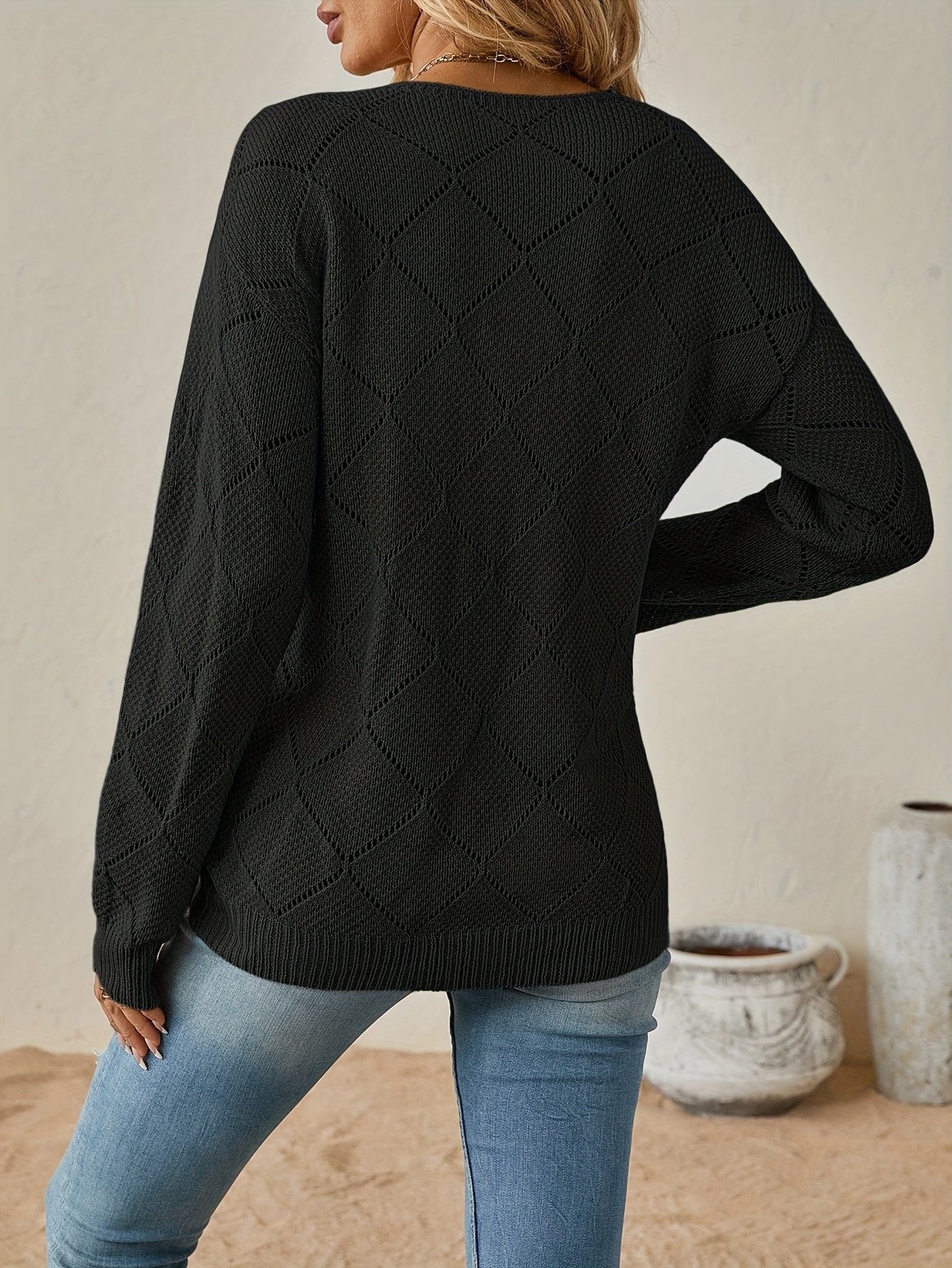 Women's Diamond Crochet V-Neck Jumper