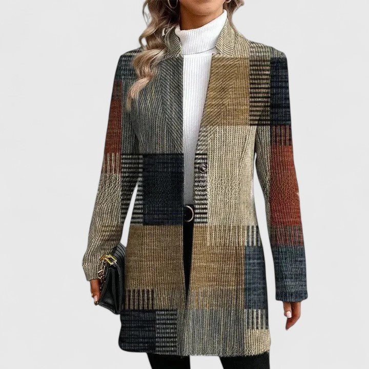 Women's Plaid Blazer Longline Wool Coat - Multi-Colored