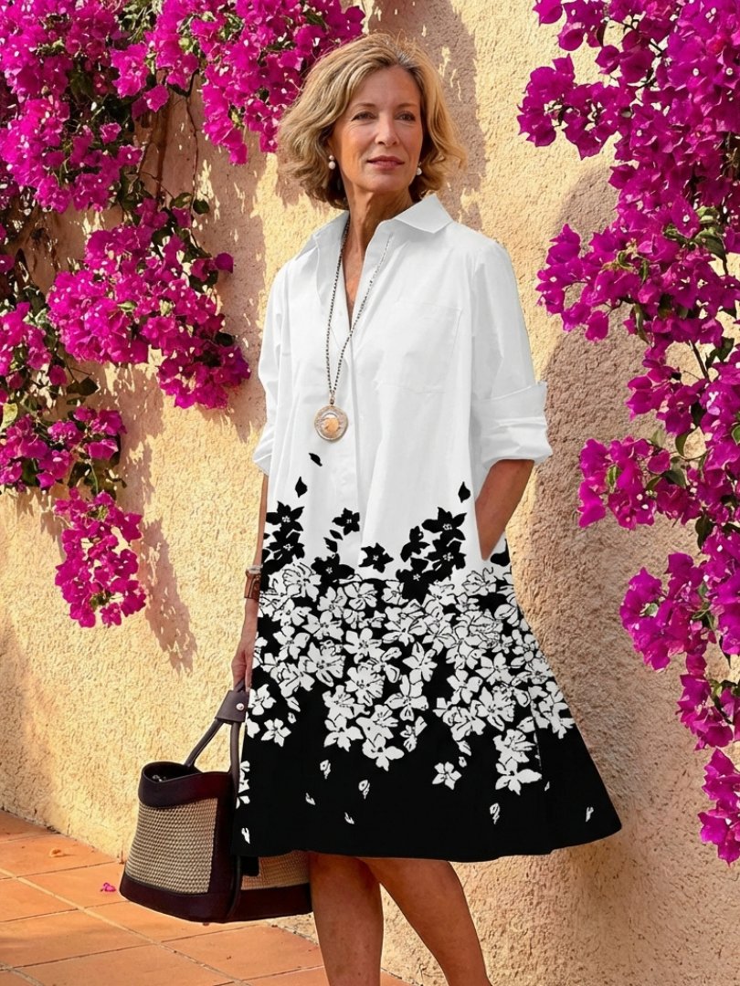 Women's Black Shirt Dress - Floral