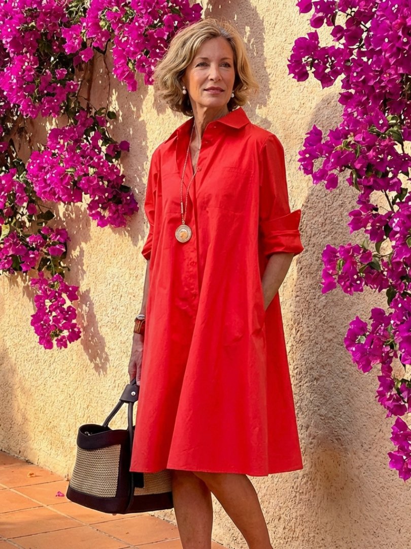 Women's Black Shirt Dress - Red