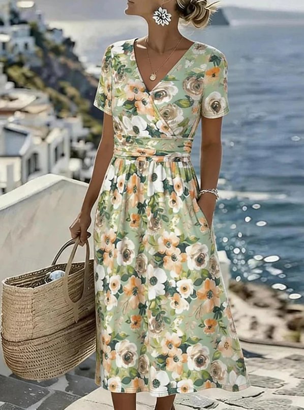 Women's V-Neck Satin Wrap Midi Dress - Beige