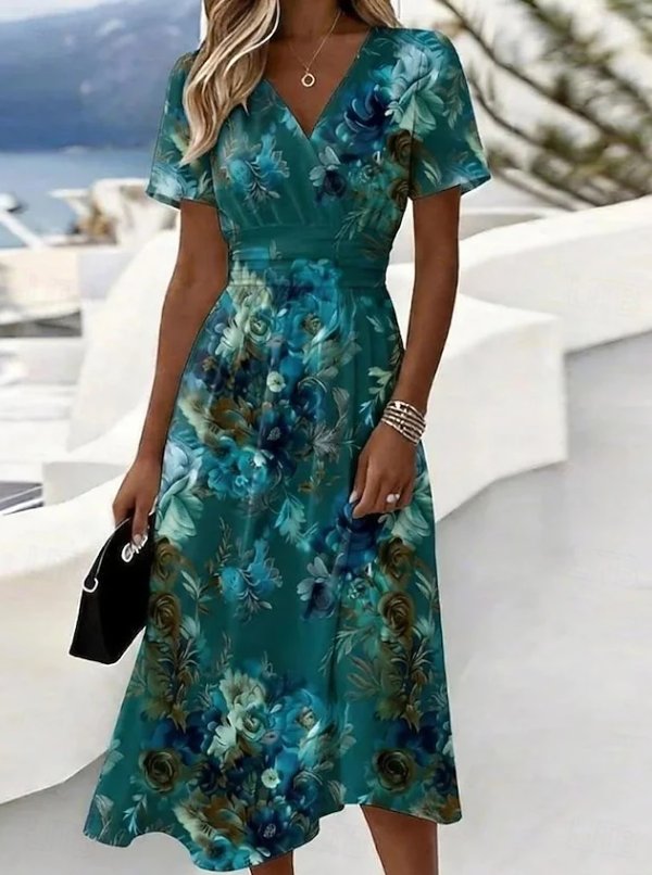 Women's V-Neck Satin Wrap Midi Dress - Green