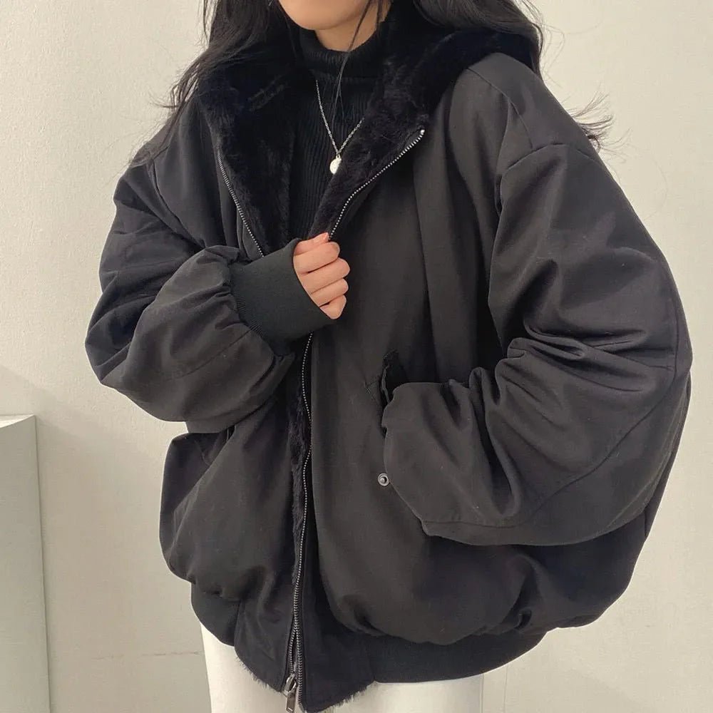 Women's Oversized Hooded Teddy Bomber Jacket - Black