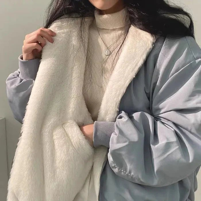 Women's Oversized Hooded Teddy Bomber Jacket - Gray