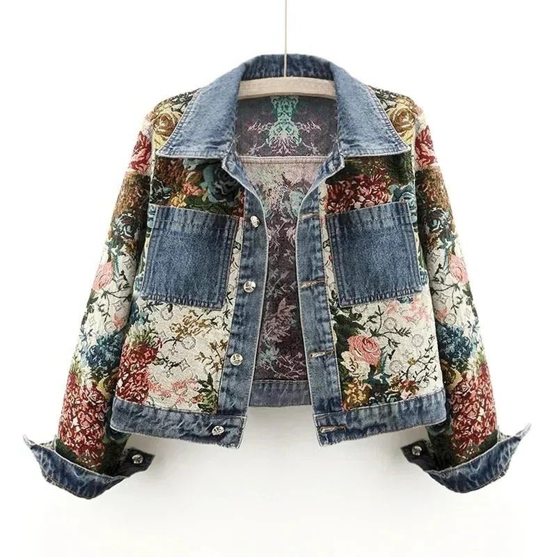Women's Floral Cropped Denim Jacket - Dark blue