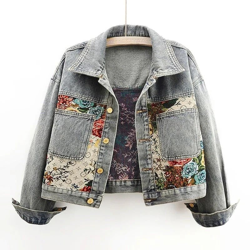 Women's Floral Cropped Denim Jacket - Light blue