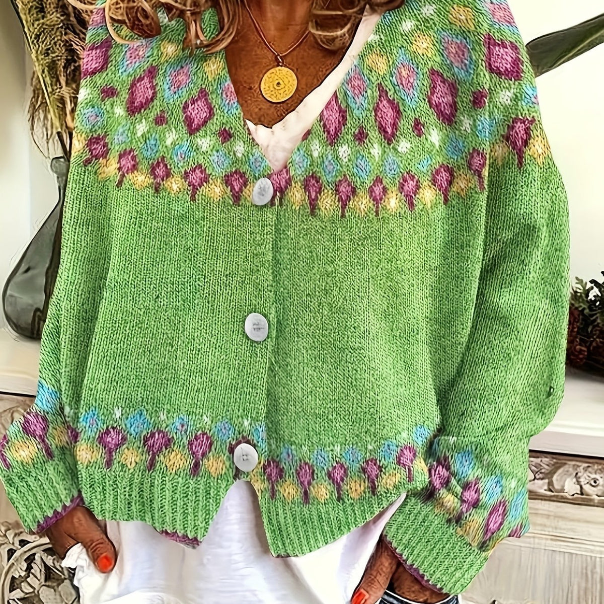 Women's Oversized Floral Christmas V-Neck Cardigan - Green