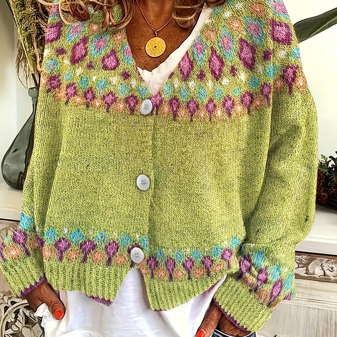 Women's Oversized Floral Christmas V-Neck Cardigan - Greenish Yellow