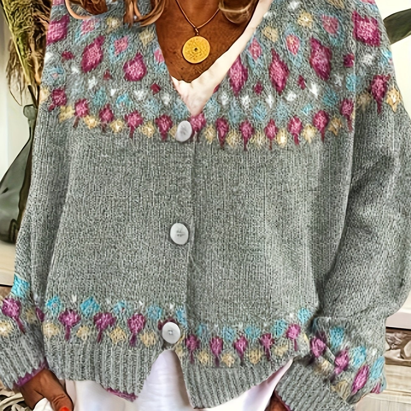Women's Oversized Floral Christmas V-Neck Cardigan - Grey