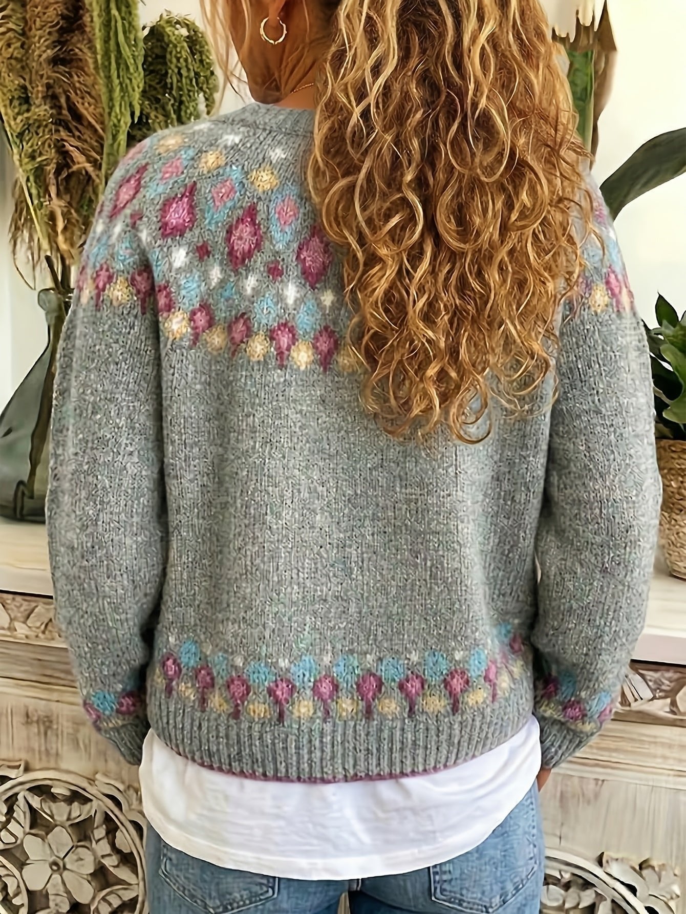Women's Oversized Floral Christmas V-Neck Cardigan