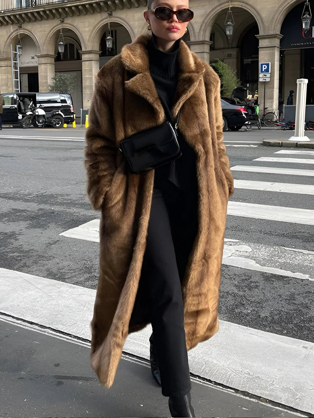 Women's Oversized Shawl-Collar Faux Fur Coat