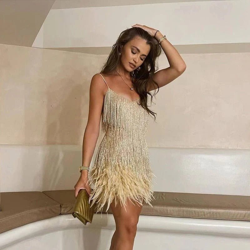 Women's Fringe Sequin Mini Party Dress - Golden