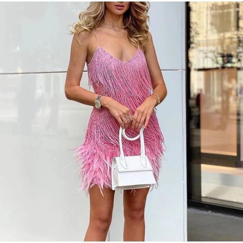 Women's Fringe Sequin Mini Party Dress - Pink