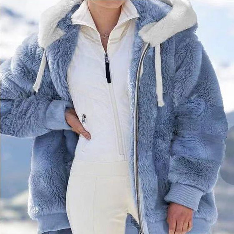 Women's Oversized Striped Hooded Faux Fur Jacket - Blue