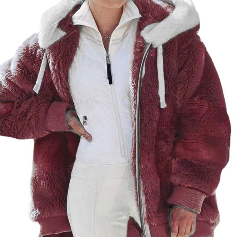 Women's Oversized Striped Hooded Faux Fur Jacket - Red