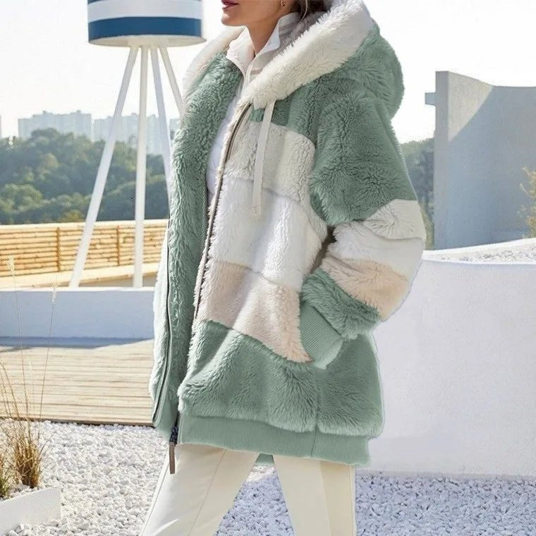 Women's Oversized Striped Hooded Faux Fur Jacket - Green Stripes