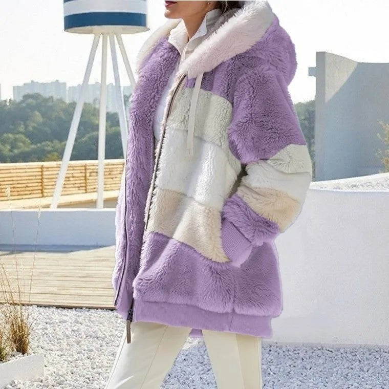 Women's Oversized Striped Hooded Faux Fur Jacket - Lilac Stripes