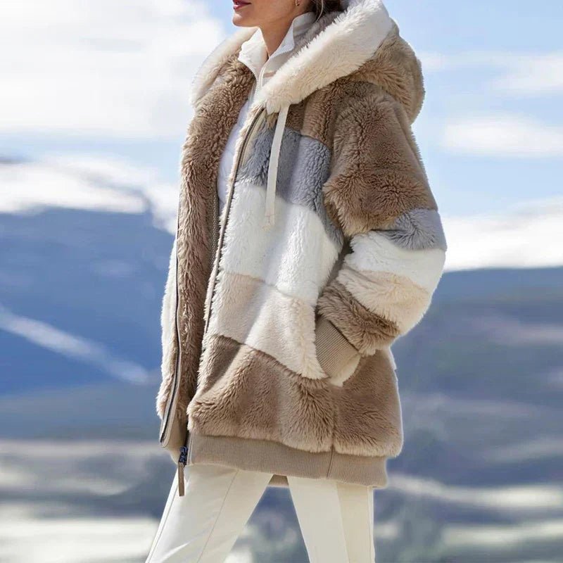 Women's Oversized Striped Hooded Faux Fur Jacket - Brown Stripes