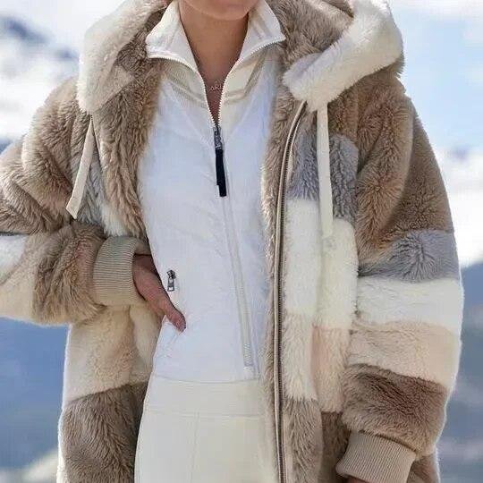 Women's Oversized Striped Hooded Faux Fur Jacket