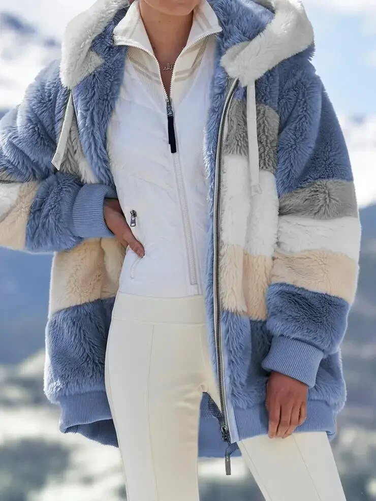 Women's Oversized Striped Hooded Faux Fur Jacket - Blue Stripes
