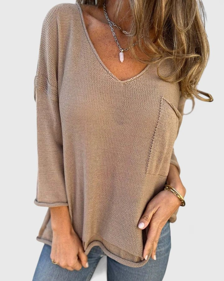 Women's Oversized V-Neck Jumper - Khaki