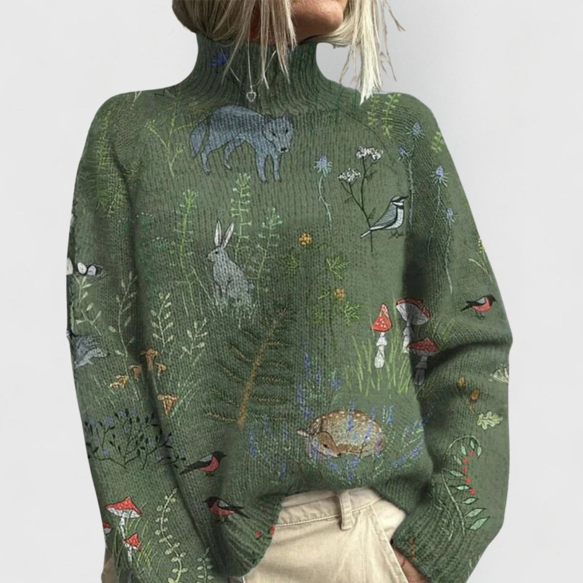Women's Oversized Floral Knit Ribbed Jumper - Green