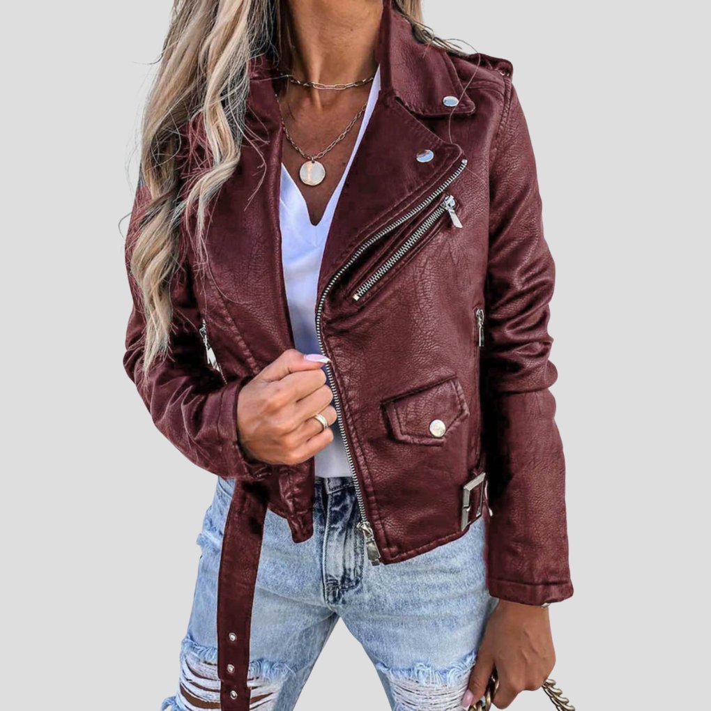Women's Cropped Faux Leather Moto Jacket - Red