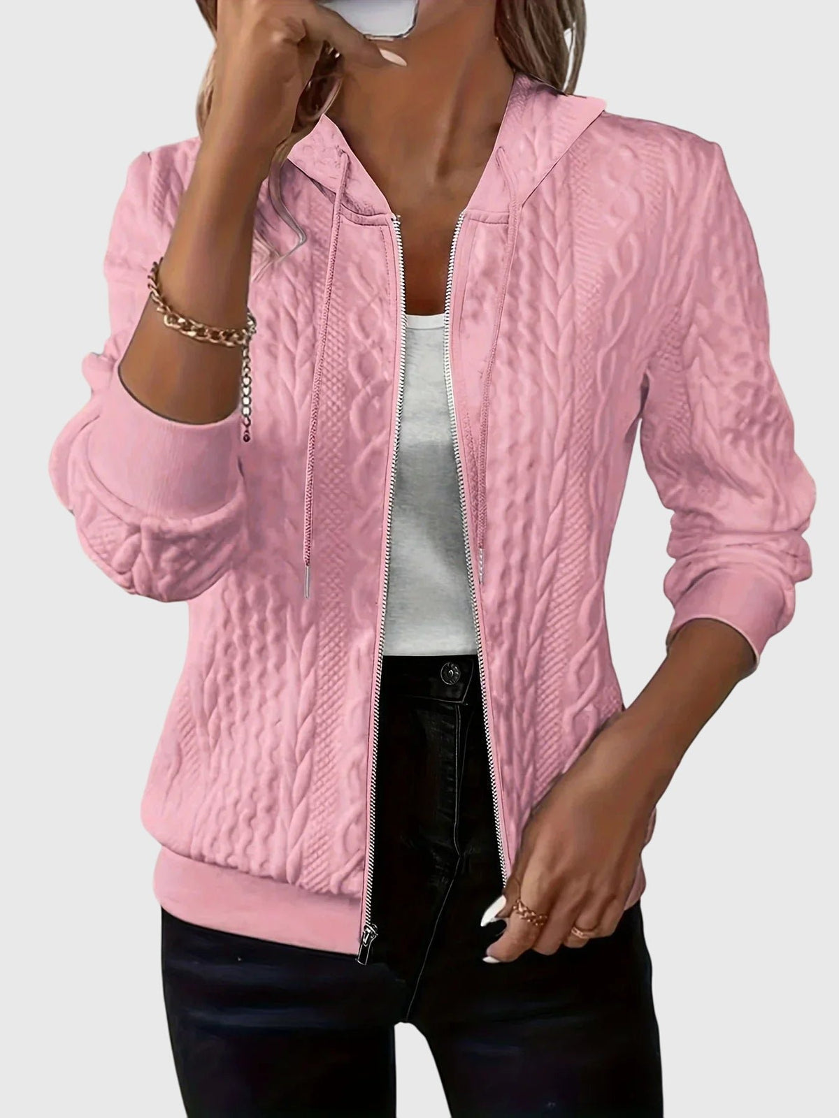 Women's Cropped Knit Hooded Jacket - Pink