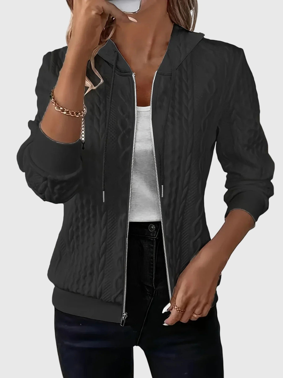 Women's Cropped Knit Hooded Jacket - Black